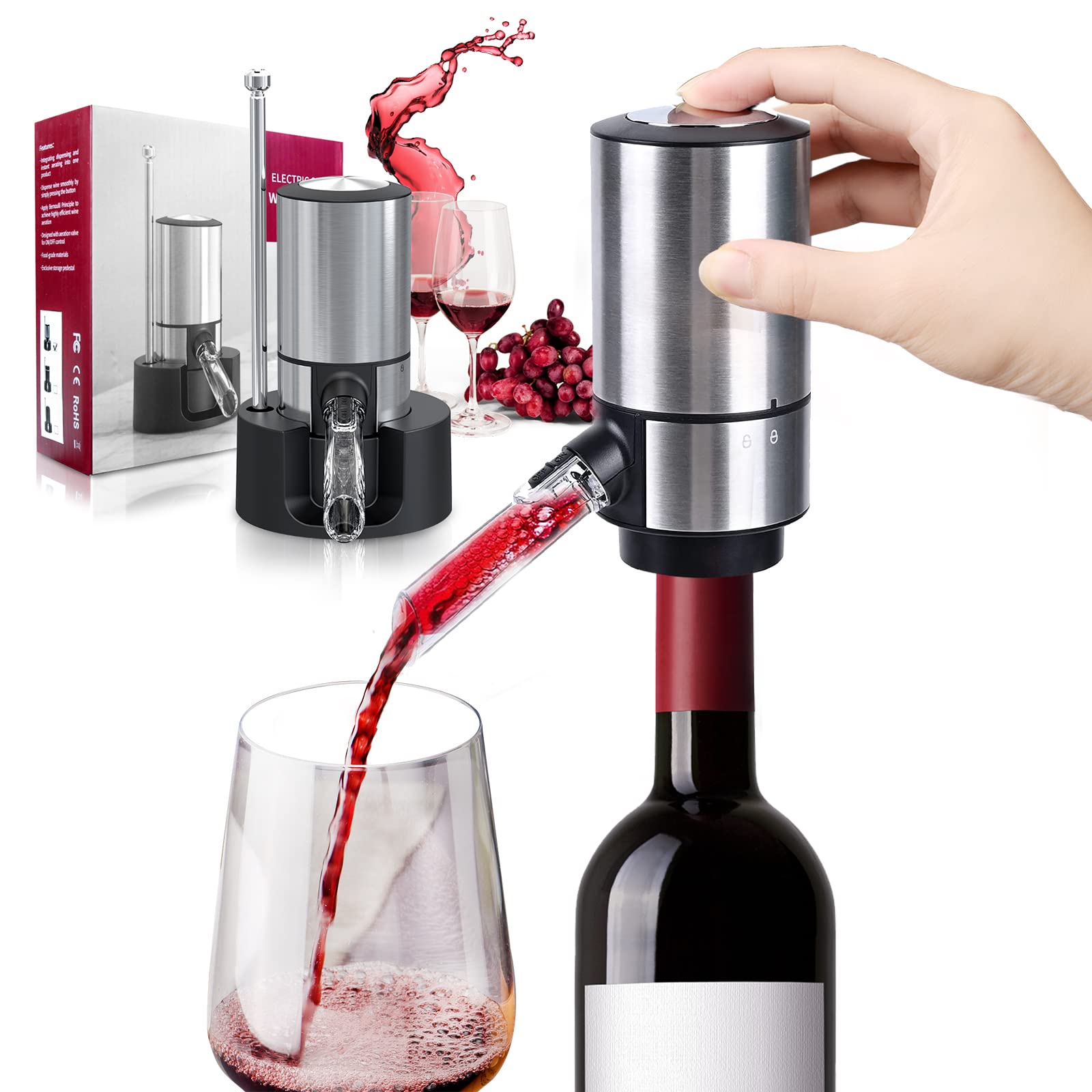 HASTHIP Electric Wine Aerator Pourer Automatic Wine Dispenser Pump with Retractable Stainless Steel Pipe & Storage Stand Base One-Touch Button Control Instant Oxidation Smart Wine Aerator Decanter HASTHIP Electric Wine Aerator Pourer Automatic Wine Dispenser Pump with Retractable Stainless Steel Pipe & Storage Stand Base One-Touch Button Control Instant Oxidation Smart Wine Aerator Decanter